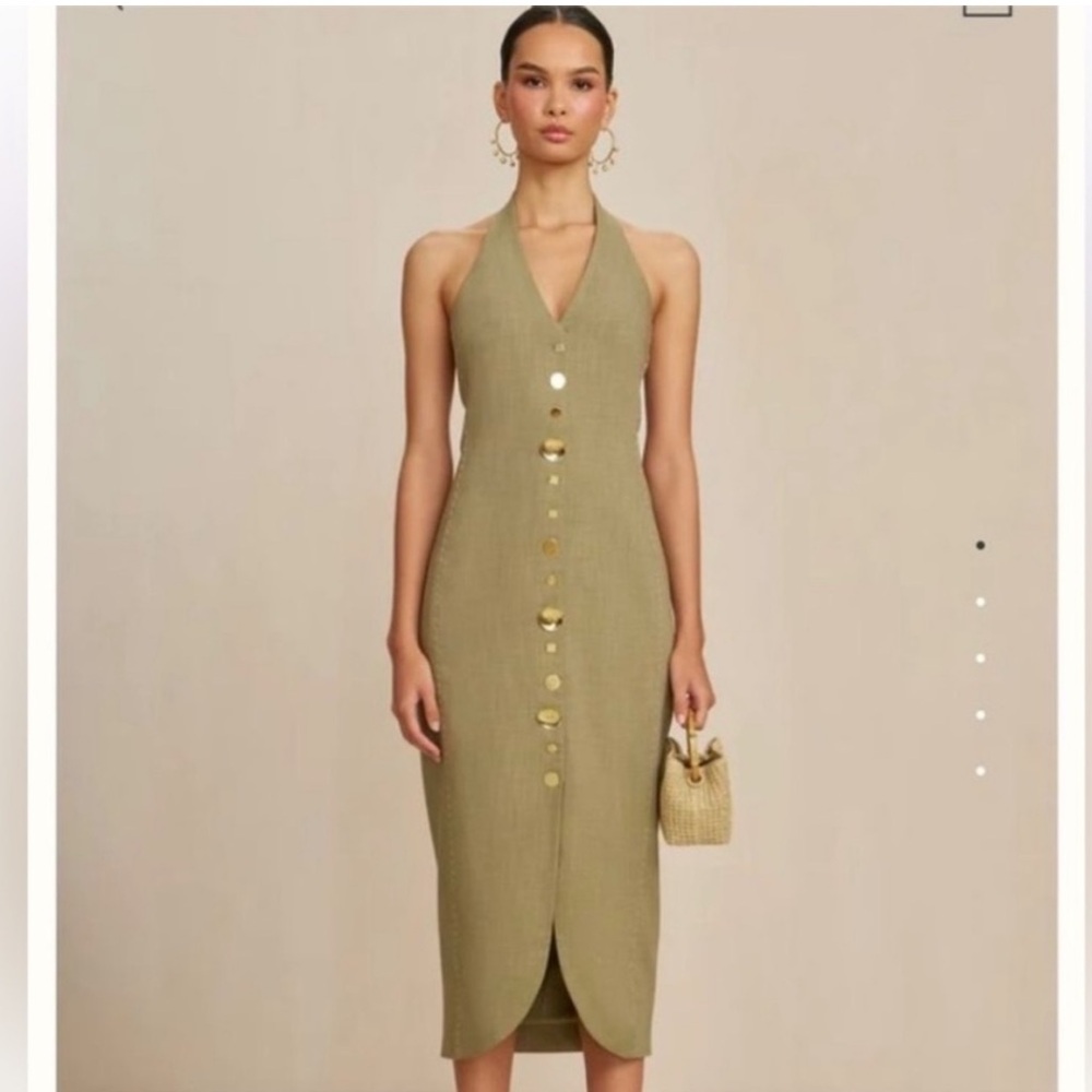 cult gaia Olive Green Halter Midi Dress with Gold Buttons
